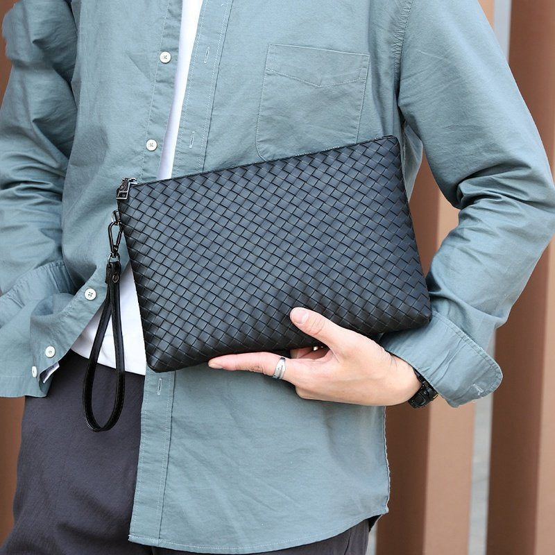 PU Leather Woven Clip Bag Checkered Hand Hold