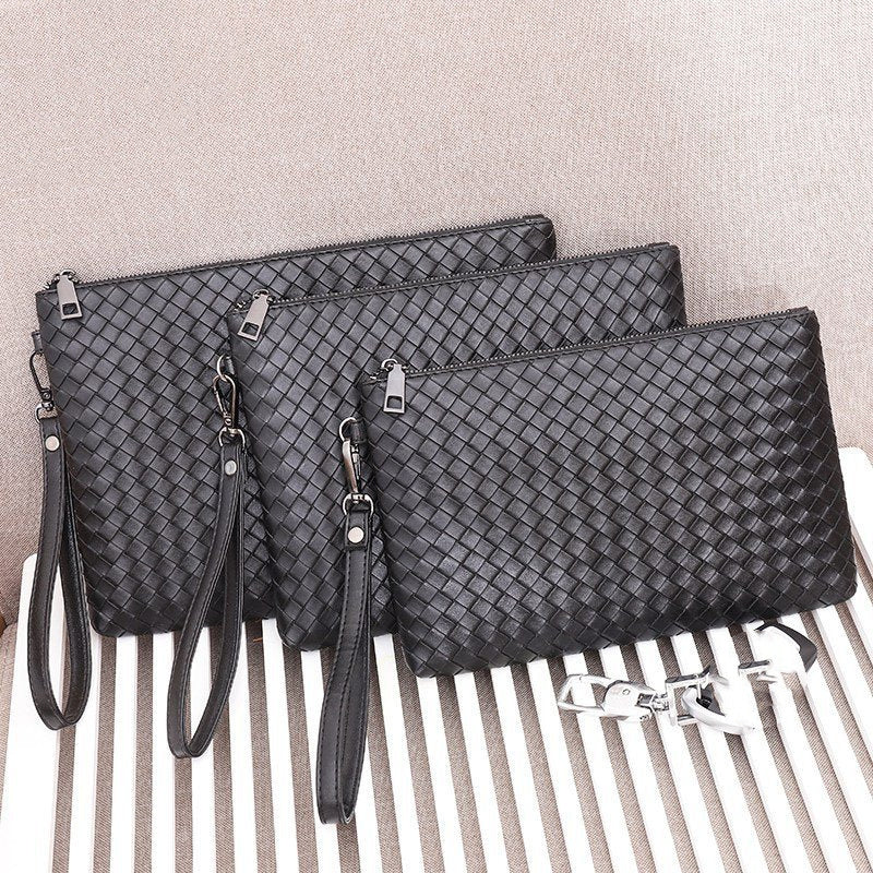 PU Leather Woven Clip Bag Checkered Hand Hold